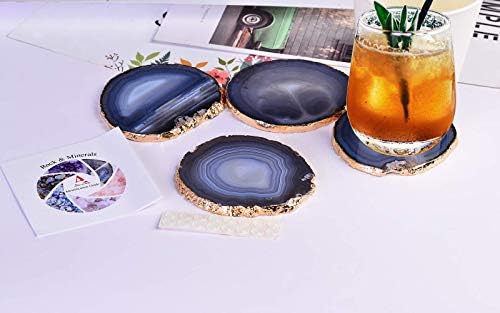 Набор от AMOYSTONE от 4 Агатовых на каботажните за напитки с Гумена броня, боядисани в цвят Тюркоаз и Естествен Черен Позлатените ръба Малък размер