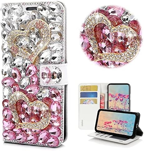 Чанта-портфейл STENES Bling за телефон, Съвместим с Samsung Galaxy A14 5G Case - Стилен - Кожен калъф с магнитна стойка за дамска Ръчна работа с 3D-кристал във формата на сърце - Розов