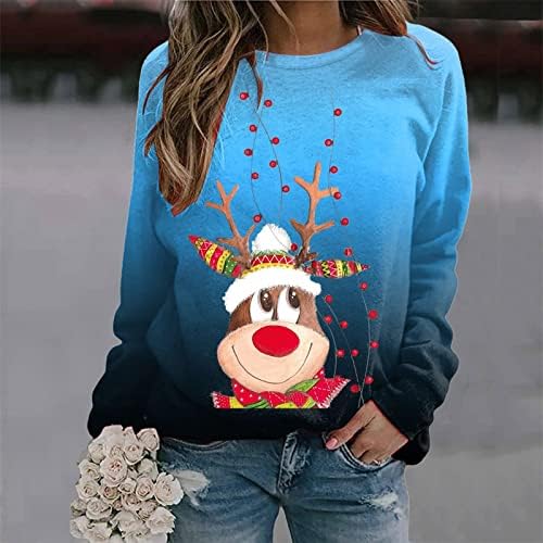 BADHUB/ Женски Свитшоты с Коледен Елен, Блузи с дълги ръкави с Градиентным Графичен принтом, Ежедневни Ризи с кръгло