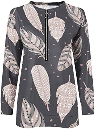 NOKMOPO / Дамски Есенни Блузи, Дамска Мода, Пролет Свободна Ежедневни тениски с V-образно деколте и принтом с цип Отгоре
