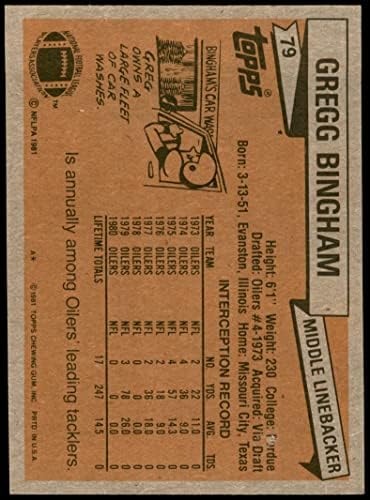 1981 Topps # 79 Грег Бингем Хюстън Ойлърс (Футболна карта) EX+ Ойлърс Пардю