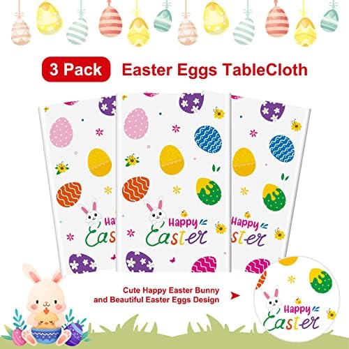 FSEHWWN, 3 предмет, Великден Покривка, Правоъгълно Пластмасово Покритие за маса с Яйца на Великден Зайче, Щастлив Великден Покривка за Великденските Празнични Партита,