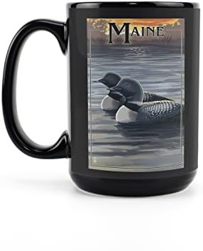 Фенер Press Maine, Loon Family (Черна керамична чаша за кафе и чай по 15 унции, може да се мие в миялна машина и микровълнова