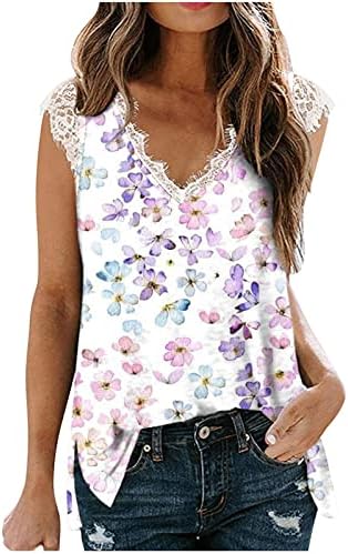 Блуза, Тениска за Жени Лято Есен 2023 Дрехи Без Ръкави С Къс Ръкав Лейси Памучен Тениска с V Образно деколте и Цветен
