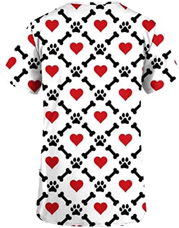 Дамски Работна Униформи, тениски с Принтом на Свети Валентин, Пуловер с Къс ръкав, Блузи с V-образно деколте и Джобове, Тениски с Образа на Сърцата