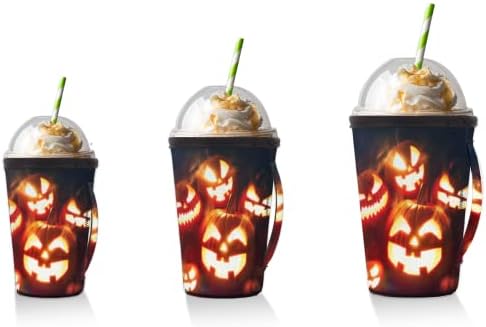Фенер-Тиква за Хелоуин 44 многократна употреба Кафе ръкав с лед с дръжка, Неопреновый Чаша за Напитки, кафе лате, Чай, Напитки, Бира (Голям 30-32 унция)