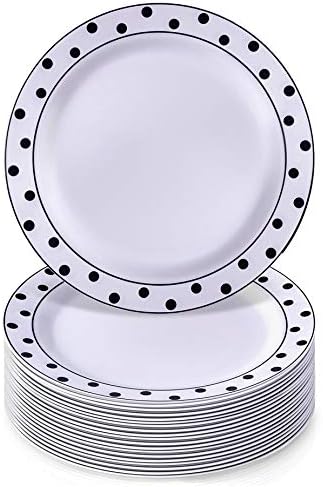 Елегантен комплект черно-бели пластмасови чинии за парти (20 бр), Тежки за Еднократна употреба Десертни чинии - 7,5,