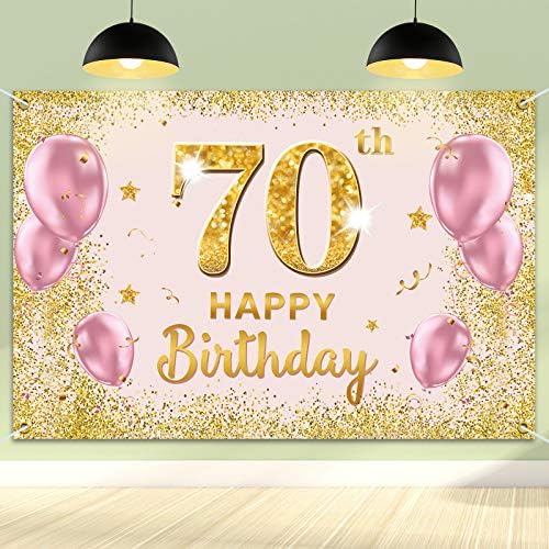 PAKBOOM Happy 70th Birthday Background Банер - 70 Аксесоари за парти по случай рождения Ден на Жените - Златисто-Розово