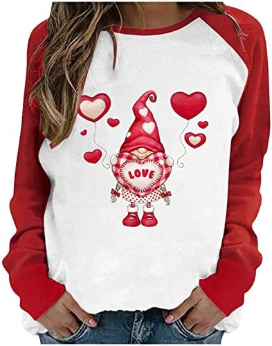 Джуджетата Hoody за Свети Валентин за Жени Срастване Ризи с Дълги Ръкави Любов Карикатура на Печатни Кръгъл Отвор Върховете Блуза