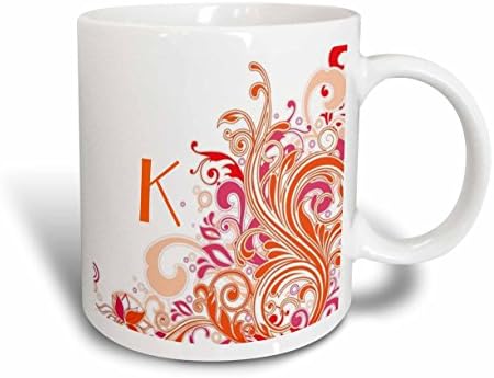 Керамична чаша 3dRose mug_62518_1 с буквата К на розови и Оранжеви завитках, 11 Грама