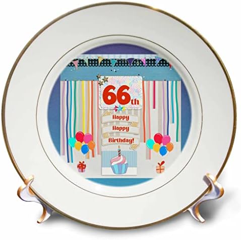 Триизмерен образ на етикет с участието на 66-та годишнина, Торта, Свещи, балони, подаръци, Серпентина - Чинии (cp_359901_1)