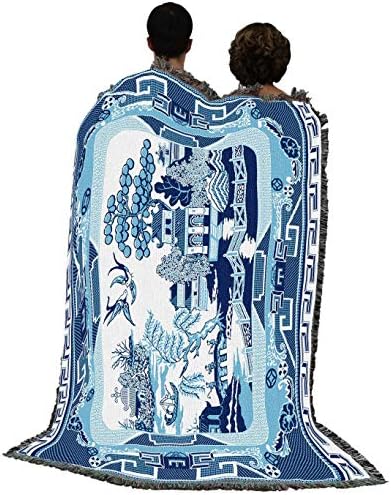 Одеало Pure Country Weavers Blue Willow Blanket - Азия Подарък Гобеленовый Каре, Изтъкан от памук Произведено в САЩ (72x54)