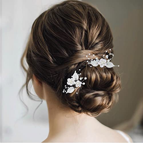 Сватбени фиби за коса с цветя модел, 2 броя, сребърни сватбени щипки за коса с перли, елегантни сватбени аксесоари за