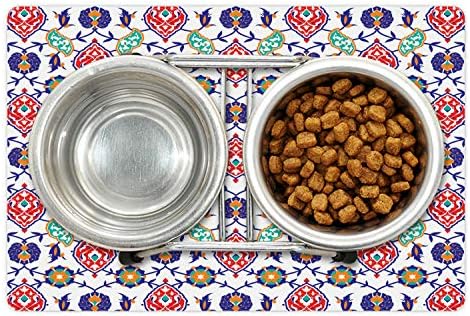 Традиционен мат Ambesonne за домашни за храна и вода, Класическа Отоманска Марокански Старомоден Турска Мозайка Плочки,